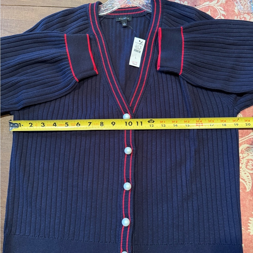 NWT Talbots Navy V-Neck Cardigan w Red Trim and Faux Pearl Accents SZ L - Picture 11 of 13